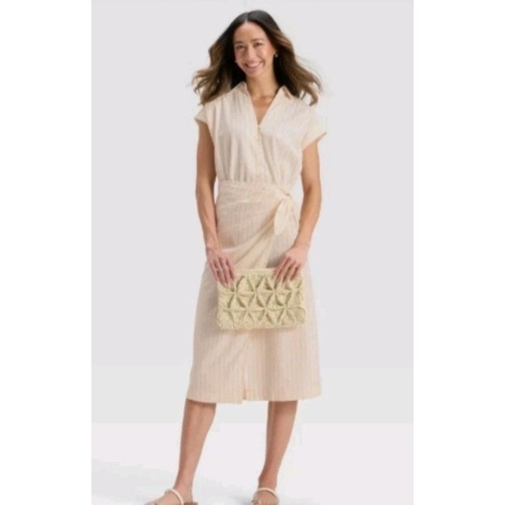 NEW W/TAG size LARGE Universal Thread midi shirt dress CREAM STRIPED WRAP - Picture 2 of 7